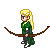 Pixel art character with long blonde hair in green outfit holding brown bow, shown in nine sequential poses against gray background.