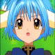 Pixelated anime-style character with blue hair and brown eyes, wearing a dark blue outfit with gold accents against green background.