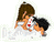 Pixelated cartoon-style icon of two figures in a close embrace, one with brown hair and the other with black hair, both wearing white tops against a plain background.