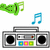 Pixelated icons of a boombox with musical notes and colored speaker icons in green, pink, and blue variations.