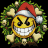 Pixelated yellow smiley face with furrowed brows and wide grin, wearing red Santa hat with white trim, surrounded by green wreath with beige ornaments.