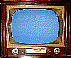Six vintage-style television sets with wooden frames and gold trim display static blue screens in a two