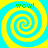 Four identical spiral patterns in yellow and cyan with green 'wow!' text at the top of each quadrant on a yellow background.