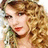Pixelated close-up of a person with curly light brown hair, red lips, and a green and white patterned garment against a light background.