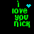 Green pixelated text 'i love you nick' on black background with animated blue heart and starburst symbols above 'i'.