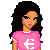 Pixel art contact sheet showing a female character in pink shirt with euro symbol, partial body parts, and text overlays on pink background.