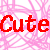 Pixelated text 'Cute' repeats in red and black on a pink patterned background with gray corner.