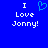 Blue background with white pixelated text 'I Love Jonny!' and a blue heart symbol above the left side of the text.