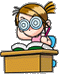 A cartoon girl with blonde pigtails and blue spiral glasses sits at a brown desk, holding a pink pencil above an open book.