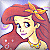 Pixelated static image of a cartoon character with long red hair, blue eyes, and a yellow necklace against a light background.