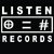 Pixelated black-and-white graphic with 'LISTEN' at top, 'RECORDS' at bottom, and a central box containing a circle, equals sign, and hashtag symbol.