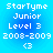 Pixelated blue background with white text reading "StarTyme Junior Level 3 2008-2009 <3" in four identical quadrants.