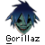 Pixelated cartoon character head with blue hair and green skin above stylized text reading "Gorillaz" on white background.