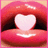 A close-up of lips with a heart-shaped mouth opening on a bright pink background, accompanied by pixelated text.