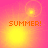 Four- of orange 'SUMMER!' text over pink-to-yellow gradient backgrounds with animated lens flares