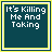 nine square with dark teal backgrounds and yellow borders, each displaying the text "It's Killing Me And Taking" in white pixelated font