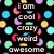 Pixelated icon with dark background displaying stacked text 'I am cool crazy weird awesome' surrounded by colorful circles and crescent shapes.
