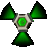 Green and gray pixelated icon with central glowing green circle, triangular side elements, and a downward-pointing shape below.