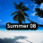 Pixelated beach scene with palm tree, blue sky, and white sand; black banner displays 'Summer' text in blocky font.