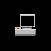 Pixelated computer monitor with green arms and blue eyes, displaying various expressions and actions including text and object interactions.