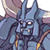 Pixelated static icon of a blue-skinned character with sharp facial features, wearing a tall pointed helmet and holding two staffs with yellow tips against a blurred background.