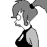 Black-and-white pixelated profile of a character with spiky hair tied in a high ponytail, round glasses, and a sleeveless top with a patterned shoulder.