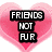 Pixelated heart-shaped icon with text "FRIENDS NOT FUR" over pink gradient background, featuring a gray rabbit in two poses.