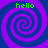 Four identical spiral patterns in purple and blue with green 'hello' text at each corner on a solid blue background.