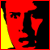 Pixelated red and black profile of a creature with yellow side accent, featuring angular eyes, a pointed nose, and a wide mouth with visible teeth.