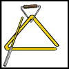 Animated sequence of a yellow triangle percussion instrument with a metal beater, showing musical notation and starburst effects across frames.