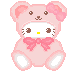 Pixelated pink teddy bear with Hello Kitty face, wearing a large bow and holding two floating hearts.