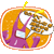 Pixelated circular icon with orange and purple abstract shapes, white highlights, and a yellow top accent on gray background.