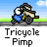 Animated pixel art contact sheet showing a tricycle-pimp character riding a tricycle with various passengers and background elements across 14 frames.