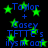 Blue text and green stars on black background, with repeated 'Taylor + Casey TFITE's ilysm aof' phrases in pixelated font.