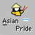 Pixelated character in yellow outfit and conical hat holding red chopsticks over blue-and-white bowl, with text "Asian Pride" below.