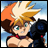 A 48x48 pixel buddy icon featuring a split composition with an anime-style character on the left and text elements on the right against a black background.