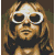 A contact sheet of five pixelated frames showing a person with long hair wearing white sunglasses, each frame tinted in different colors (brown, green, cyan, blue, purple) against solid backgrounds.