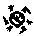 Four pixelated black-and-white frames show a circular character with white facial features surrounded by eight irregularly shaped black fragments in motion.