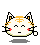 Pixel art contact sheet of four animated frames showing a white cat-like mascot with orange stripes, red cheeks, and black whiskers in various poses including holding objects.