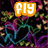 Animated pixel art displays 'fly with me' text in three color variations over a dark floral background.