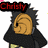 Pixelated anime-style character with black spiky hair, brown spiral symbol on forehead, red text labels above and below.