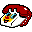 Pixelated cartoon character with red hair and white body holding a colorful object against gray background.