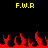 Yellow pixelated text F.W.R appears twice at the top of a black background, with red pixelated flames along the bottom edge.
