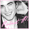 Black-and-white photo of two people in close proximity with a pink border, one person's hand near the other's ear, and pink cursive text reading 'Robert P.'