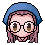 Pixel art avatar of a character with blue beret, pink hair, and glasses showing three distinct facial expressions against gray background.