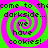 Green and pink spiral background with pixelated text reading 'come to the darkside... we have cookies!' repeated in four quadrants.