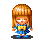 A 5x4 contact sheet of pixel art frames showing a cartoon girl with long brown hair in various poses and actions, including standing, walking, holding objects, and interacting with small items on the ground.