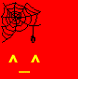 Red background with black spiderweb and hanging object; yellow text "I just don't give a fuck!" appears in later frames.