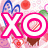 Pixelated icon with large pink 'XO' text, blue butterfly, red circular shape, green leaf, and brown object on pink-and-white background.