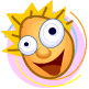 A cartoon sun face with yellow spiky hair, large white eyes with black pupils, and a wide open mouth showing brown interior. The background has pink and blue circular rings.